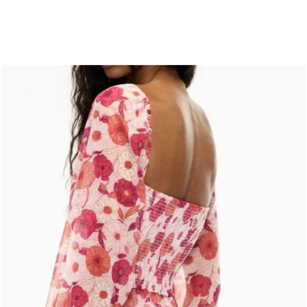Wilfred Aritzia Artesia Smocked Pink Poppy Floral Boho Cottagecore Mini Dress M - Picture 2 of 16